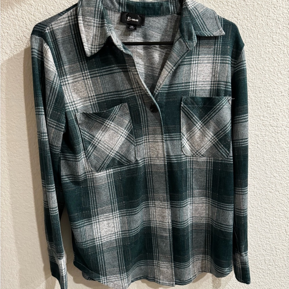 Green and Gray Plaid Button-Up Shirt